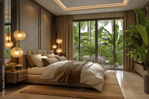 A sophisticated atmosphere fills the luxurious modern bedroom featuring a spacious bed adorned with multiple lights.