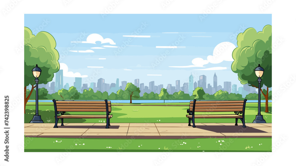 City park with bench and trees. Vector illustration in flat style. - obrazy, fototapety, plakaty 
