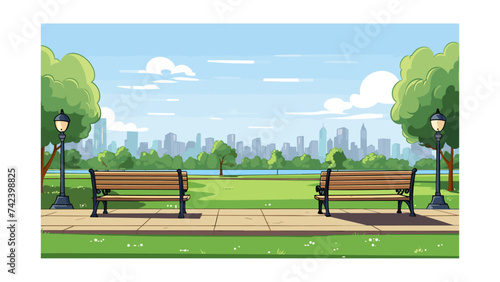 City park with bench and trees. Vector illustration in flat style.