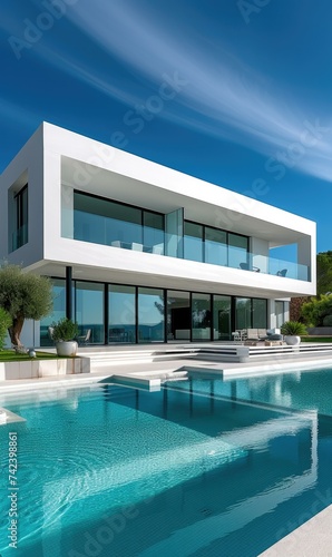 A modern house with a pool and a large terrace. Generative AI. © Natalia