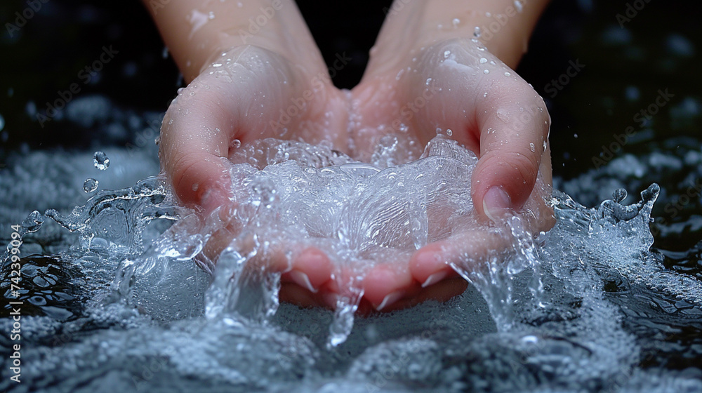 Fototapeta premium Close-up of woman's hands holding ice cube in water. water saving concept
