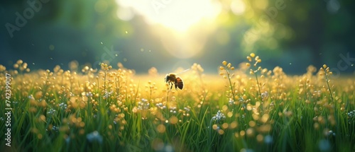 A bee flies through a field of flowers. Generative AI. #742399017