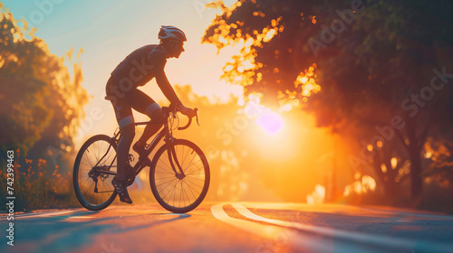 Cyclist in motion on the background of a beautiful sunset.