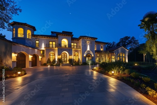 luxurious mansion with lit driveway and outdoor spotlights