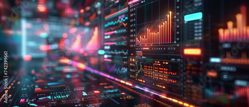 A vibrant display of financial stock market data with dynamic digital graphs  charts  and numbers symbolizing trading activity and market analysis.