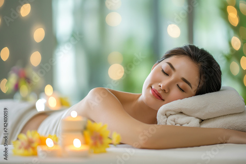 woman relaxing in spa portrait of young beautiful asian woman in spa environment 