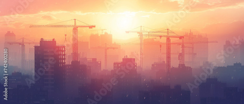 Silhouette of urban skyline with multiple construction cranes against a backdrop of a vibrant sunrise. The hazy atmosphere suggests early morning activity amidst a bustling cityscape.