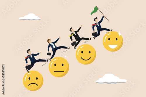 Employee happiness, joyful work or optimistic concept, emotional intelligence to improve success, business people jump from anxiety to delight smiling face emoticon