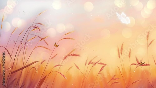 oat plants in a field at sunset summer nature background. nature background illustration. seamless looping overlay 4k virtual video animation background  photo