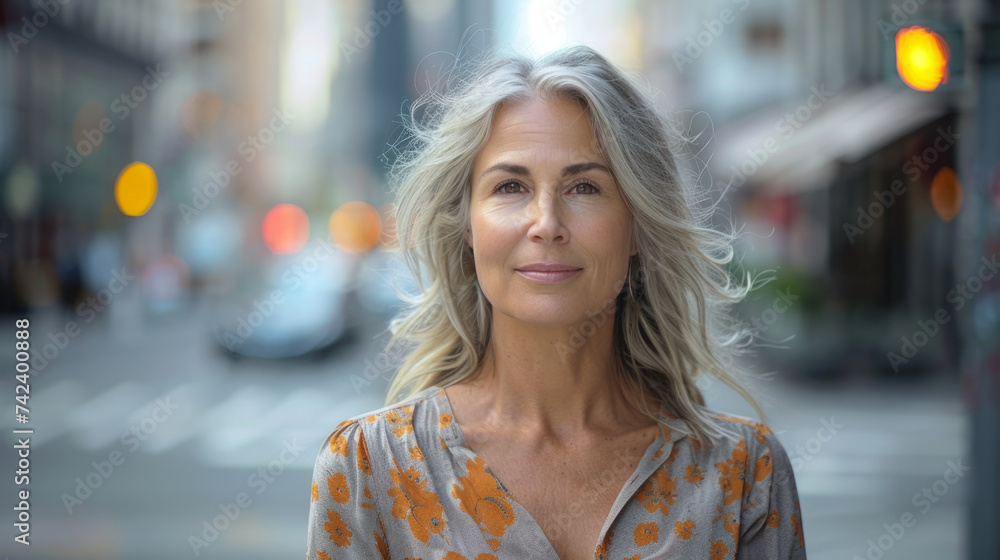 Confident mature woman with silver hair standing on a city street, looking at the camera with a soft smile. The background is softly blurred with urban elements and street lights visible. Confident mature woman with silver hair standing on a city street, looking at the camera with a soft smile. The background is softly blurred with urban elements and street lights visible.