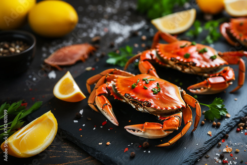 crabes au citron et persil, sur un plateau en ardoise posé sur une table en bois foncé. Délice de la mer photo