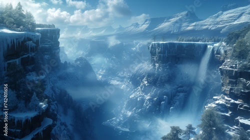 A snow-covered mountain with a majestic waterfall flowing through it.