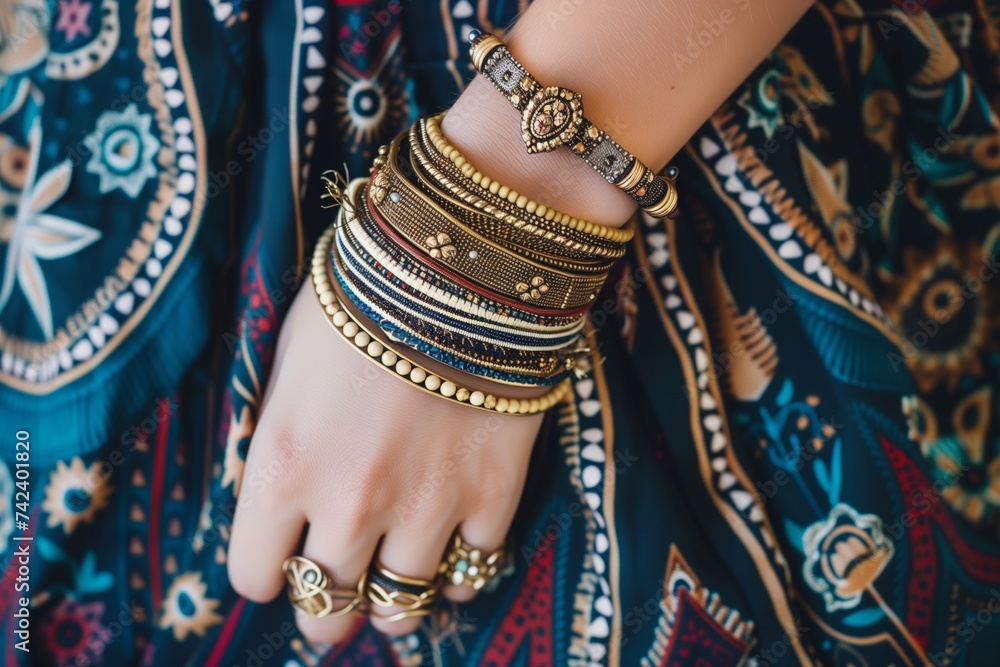 boho bracelets and bangles on a wrist above an ethnic skirt