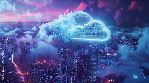 Smart City Network: Data Cloud Technology, Cloud Computing, and Global Business Networking Structure.Cityscape with Data Connections and Global Business Networking Structure