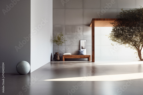 intérieur ultra minimaliste murs bruts meubles en bois et quelques plantes d'intérieur dont un arbre intérieur. photo