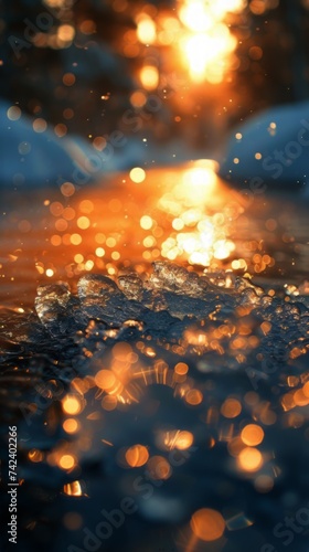 A close-up photograph capturing water with the sun shining in the background  creating a vibrant and illuminating scene.