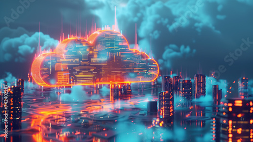 Smart City Network: Data Cloud Technology, Cloud Computing, and Global Business Networking Structure.Cityscape with Data Connections and Global Business Networking Structure photo