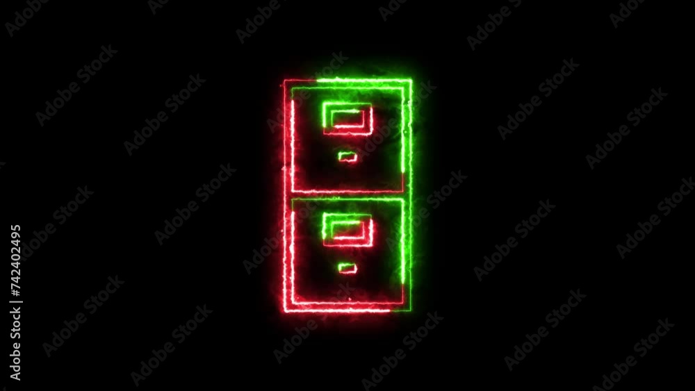 Filing cabinet icon neon fire green red color animation in black background Filing cabinet icon neon fire green red color animation in black background
