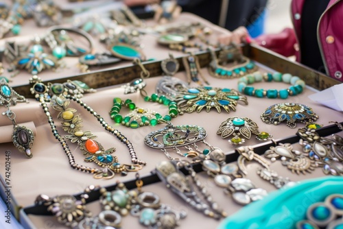 bohothemed jewelry display on a flea market table with a person browsing photo