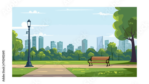 City park with bench, trees and skyscrapers. Vector illustration