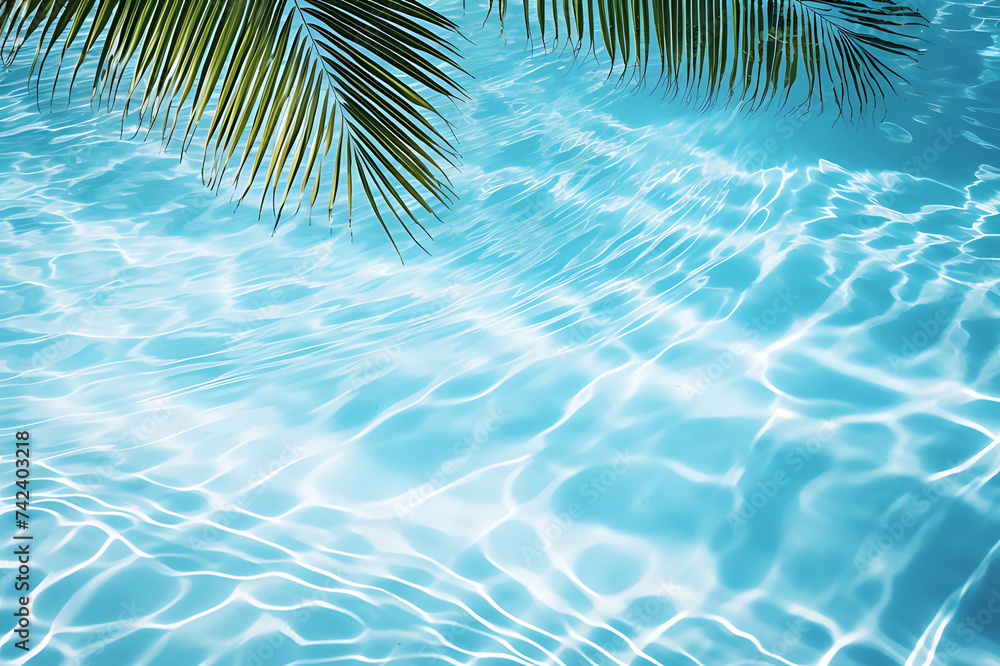 Aqua waves and coconut palm shadow on blue background. Water pool texture top view In the summer Aqua waves and coconut palm shadow on blue background. Water pool texture top view In the summer