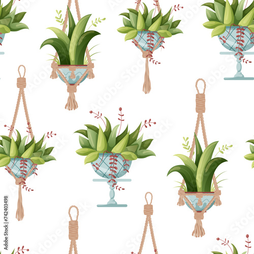 Seamless pattern. Houseplant and macrame plant growing in pots. Set of handmade home decorations macrame plants isolated on white background. Cartoon flat illustration.