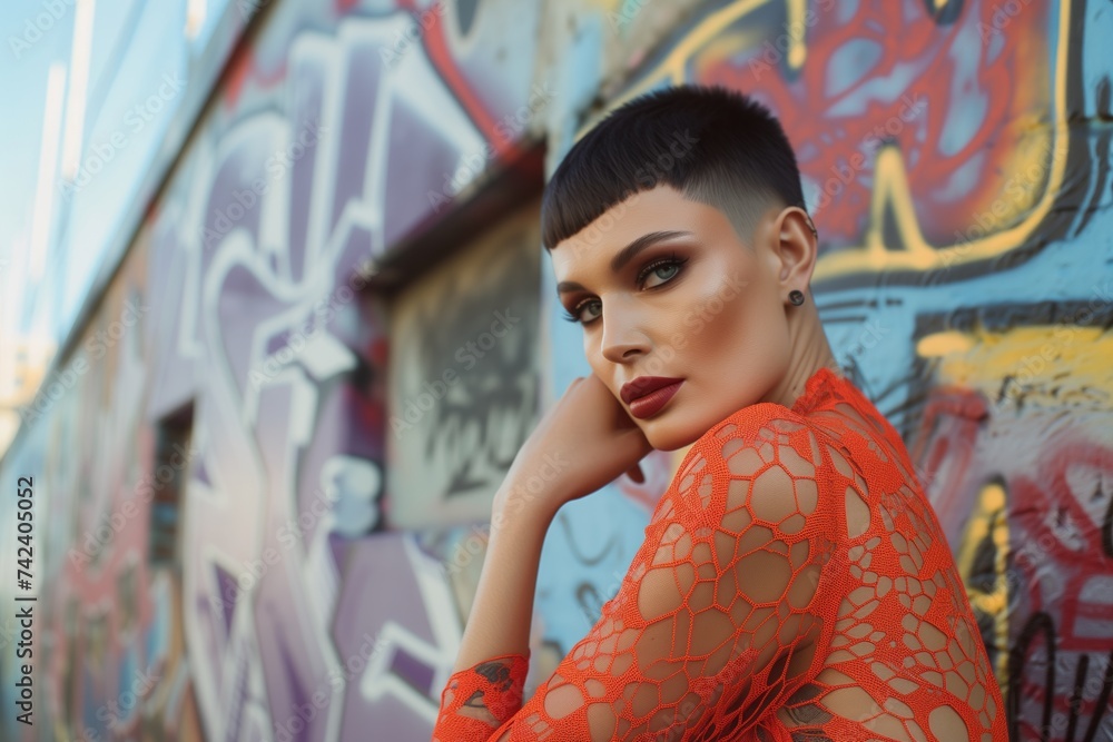 fashionable lady with a pixie cut posing on a graffiti wall fashionable lady with a pixie cut posing on a graffiti wall