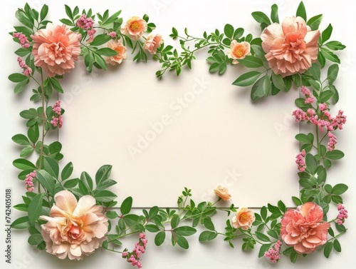 Frame Made of Flowers and Leaves on a White Background