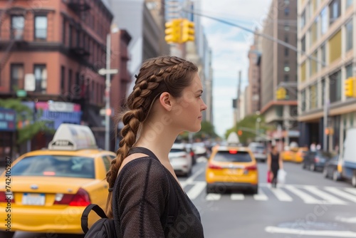 profile of a woman with a braid crossing a city street