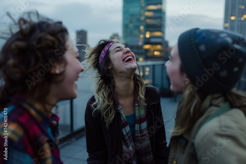 female with a headband laughing with friends on a rooftop