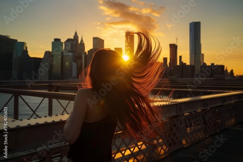 woman tossing hair on a city bridge at sunset photo