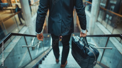 Close-up of the back of a young businessman in a suit holding a black bag walking up the office stairs