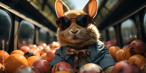 bunny in glasses with tons of colored easter eggs. Cute Easter bunny in sunglasses among eggs with selective focus and copy space