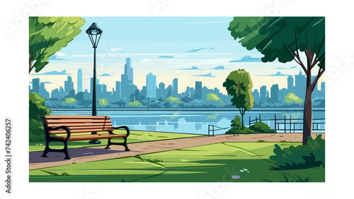 Park scene with bench and city in the background. Vector illustration.