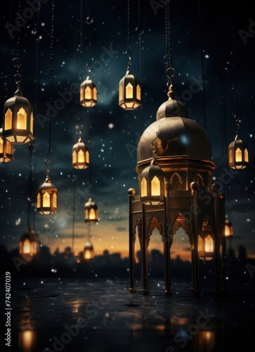 ramadan lanterns flying in the night sky