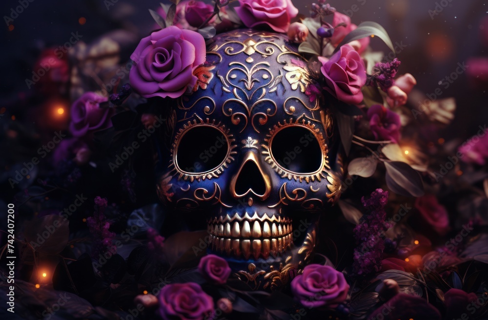 the sugar skull is decorated with yellow flowers and violets
