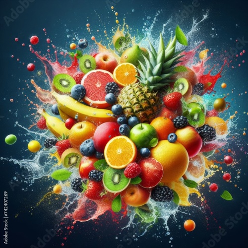Colorful Fruits  fruitjuices and nuts splashing with water  