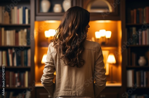 girl looking back at bookcase
