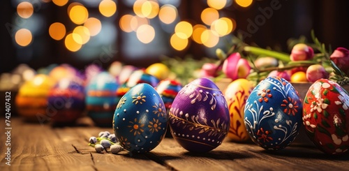 colorful easter eggs on a wooden floor