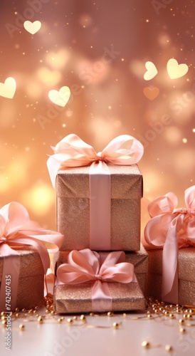 a romantic set of gifts with confetti on a pink background