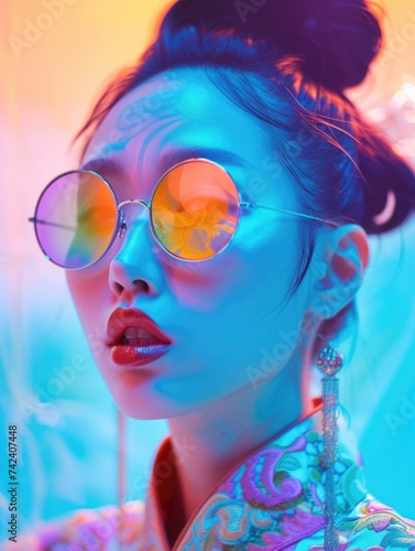 A portrait of Asian woman wearing reflective sunglasses with a mesmerizing interplay of colored light, embodying a futuristic and fashion-forward look