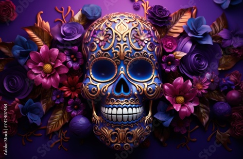 an elegant colorful day of the dead skull and flower decoration on purple bac...