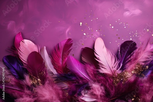 purple background with feathers and confetti