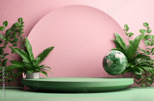 a green globe sitting on a pink surface with green leaves