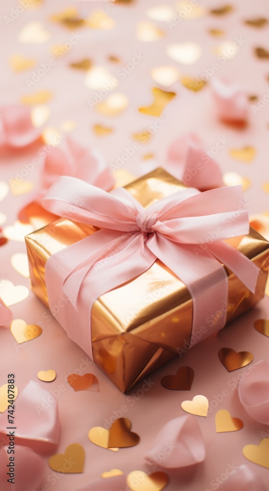 confetti with gold hearts and presents on a pink background confetti with gold hearts and presents on a pink background