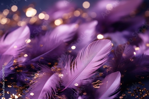 purple feathers and golden discs on a purple background