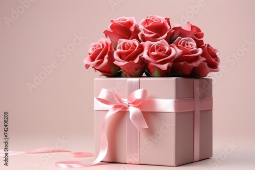 red roses and red box with bow on pink background © olegganko