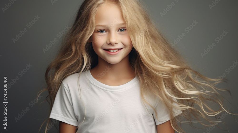 Smiling teenage girl in white t-shirt on a gray background mockup. Scandinavian girl model. Childhood lifestyle concept. Mockup copy space Smiling teenage girl in white t-shirt on a gray background mockup. Scandinavian girl model. Childhood lifestyle concept. Mockup copy space