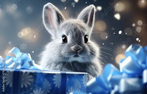 easter bunny in plastic gift box with presents
