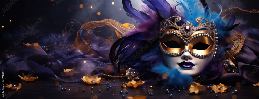 carnival mask in blue and purple color background with feathers - obrazy, fototapety, plakaty 